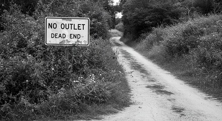 Grayscale Dead End Road with Sign and Lush Overgrowth