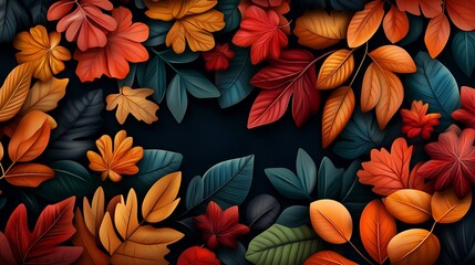 Fototapeta premium Autumn Leaves Digital Illustration: Dark Background, Fall Colors AI Generated