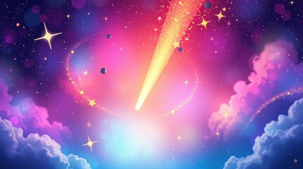 Shooting Star Trail in Colorful Galaxy with Celestial Clouds and Planets