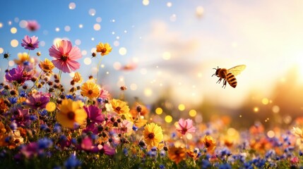 Fototapeta premium Busy bee flying over a colorful field of flowers bathed in warm sunlight in a beautiful natural setting