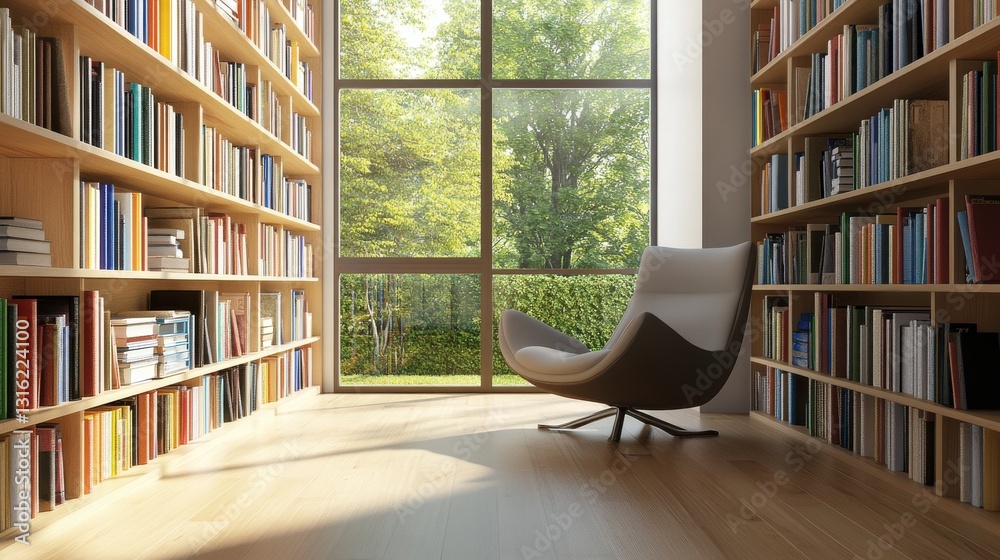 Aufkleber minimalist library with floating shelves and a view of lush greenery