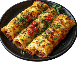 Italian dish. Cannelloni. on a dark plate on a light background