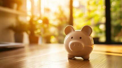 Obraz premium Piggy Bank on Wooden Table with Soft Natural Light and Greenery
