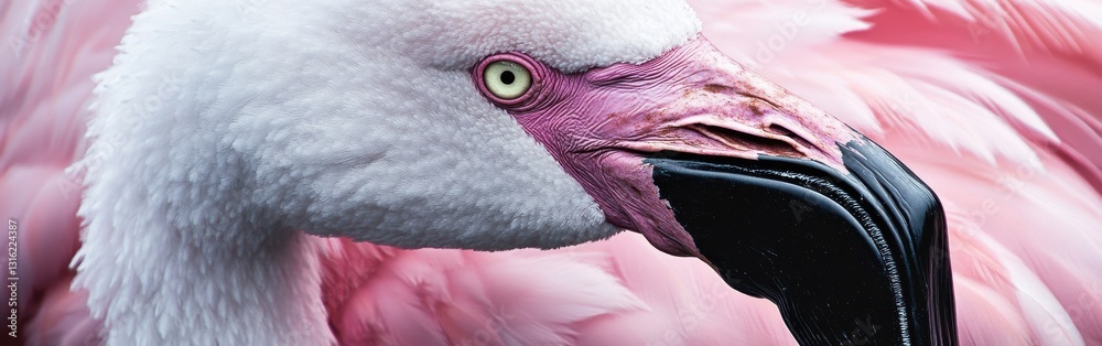 Poster Close-up view of a flamingo's vibrant face with intricate details showcasing its unique features in a natural setting