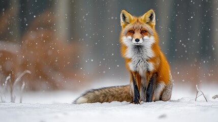 Fototapeta premium Red Fox Sitting in Snowy Winter Forest (2)