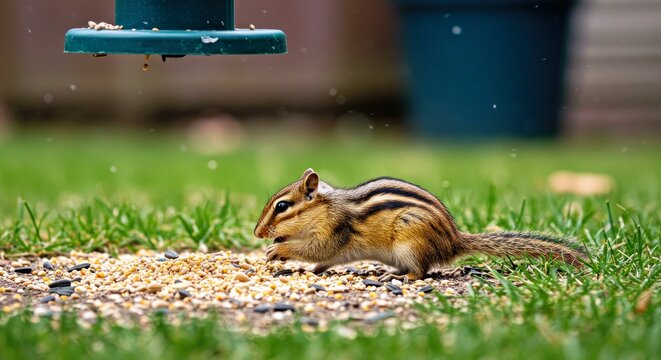  Chipmunk (Tamias Striatus) Opportunistically Gathering Fallen Seeds Beneath a Bird Feeder in a Backyard Setting