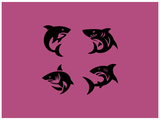 Fototapeta premium Shark logo designs set against a mauve background. Four stylized shark logos, presented in a graphic design format, against a deep mauve backdrop. 
