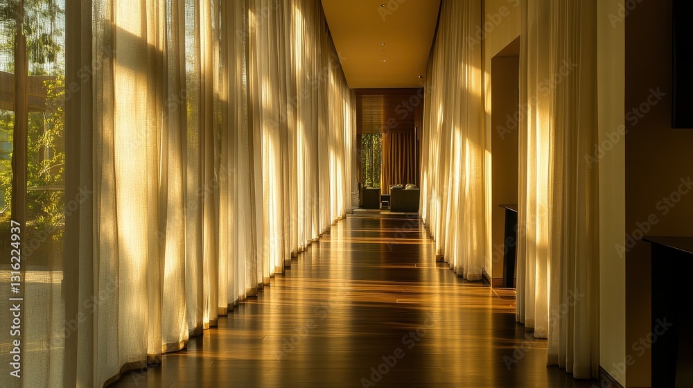 Poster hallway with tall vertical windows showcasing soft natural light and a serene atmosphere