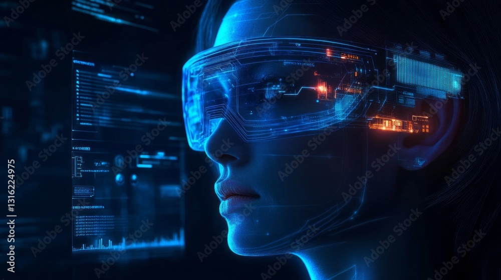 Aufkleber Under a neon-lit atmosphere, a person with augmented reality goggles engages with digital data and visual interfaces, illustrating the fusion of human capability and technology in a modern setting