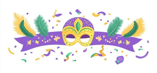 Obraz premium Modern Mardi Gras border illustration featuring a mask, beads, and carnival icons, set against a white background, ideal for social media, banners, posters, frames, and festival decorations