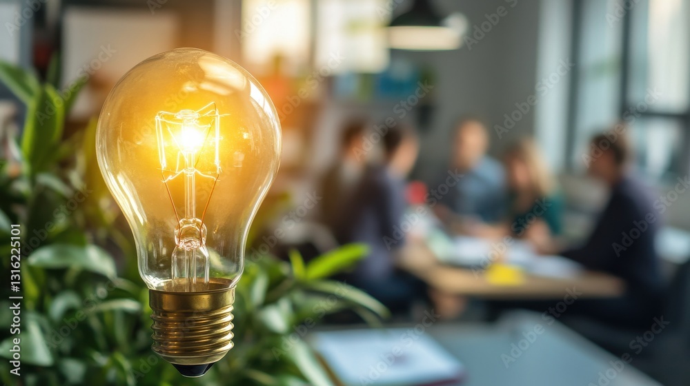 Poster glowing vintage light bulb illuminating a modern workspace with blurred professionals in background 