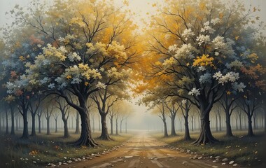 Naklejka premium An oil painting of a forest with tall trees and a vibrant blue sky in the background