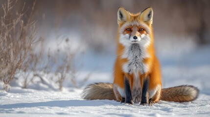Obraz premium Red Fox Sitting in Snowy Winter Landscape
