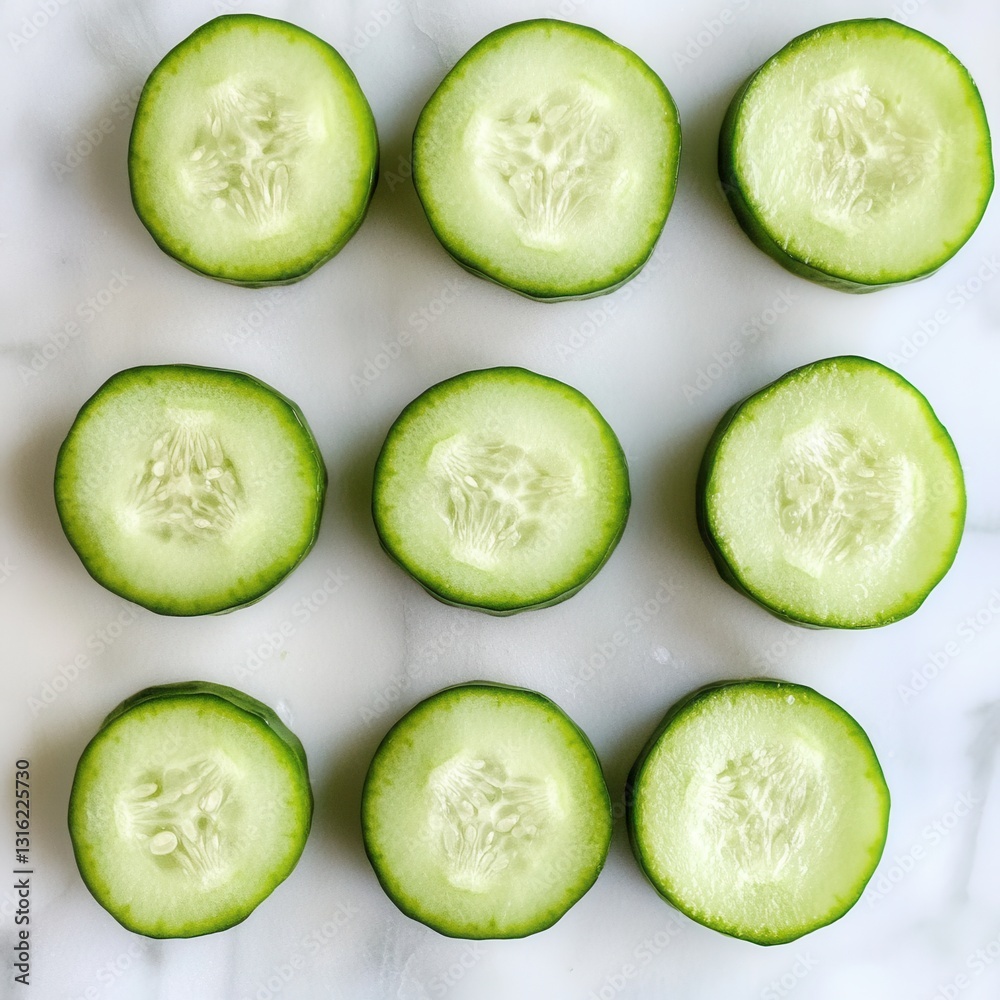 Poster freshly sliced green cucumber rounds arranged beautifully on a clean surface for culinary use or dec