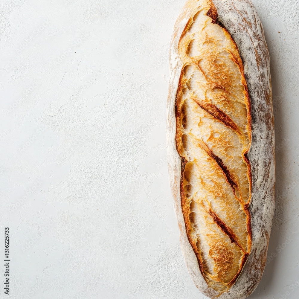 Poster fresh baguette with crispy golden crust, showcasing artisanal baking techniques in a rustic kitchen 