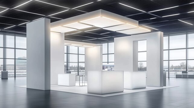 Minimalist white exhibition stand with LED lighting in a modern building interior. Clean and elegant booth design with natural light and small customer service counter, ideal for trade shows and produ