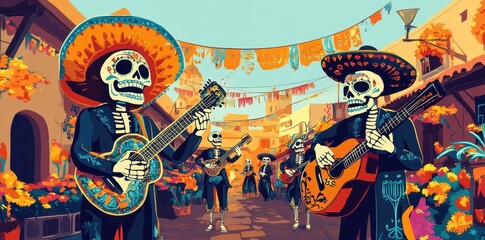 Musical skeletons playing guitars in a vibrant celebratory environment