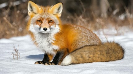 Obraz premium Red fox sitting in snowy winter woodland (1)