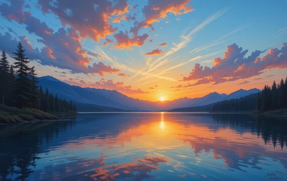 A beautiful painting of a sunset over a lake with vibrant orange and pink colors in the sky.