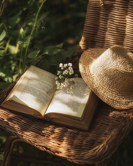 Open book, straw hat, wildflowers on wicker chair outdoors.