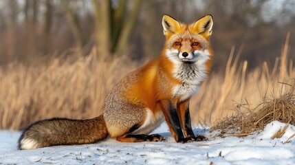 Obraz premium Red fox sitting in snowy winter woodland