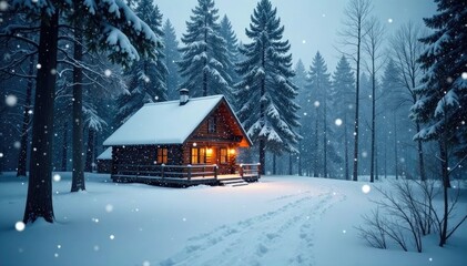 Snowflakes gently falling on a quiet cabin in the woods, stillness, calm, peaceful scene