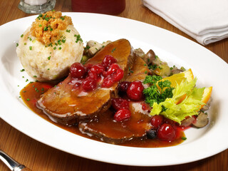 Elk Meat with red Cabbage and Bread Dumpling