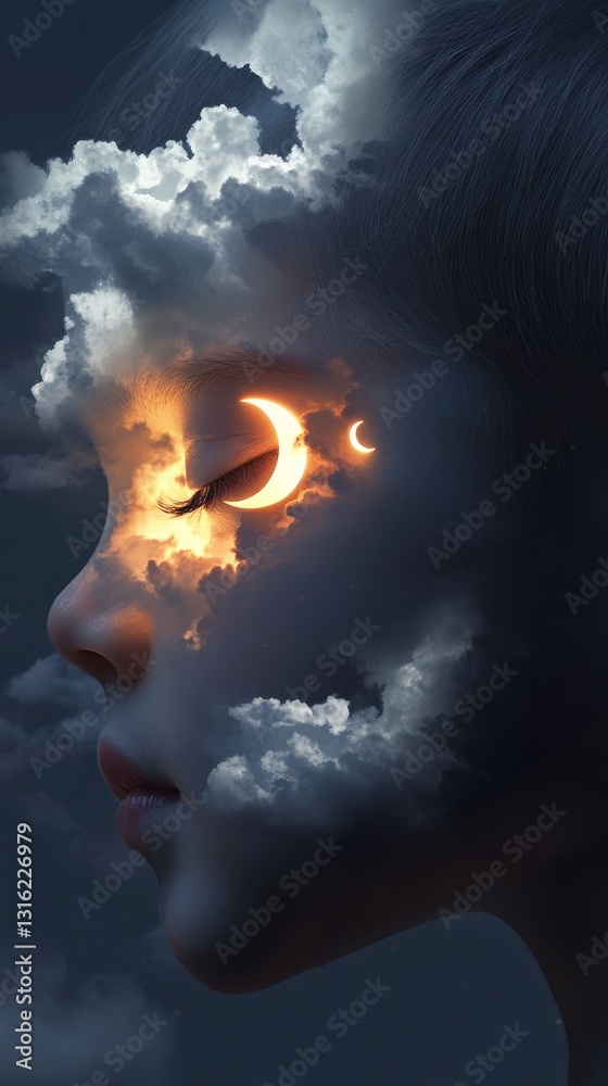 Aufkleber Conceptual visualization of a child's face with celestial elements depicting a dreamlike night scene