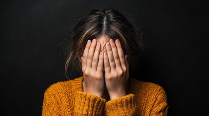Young woman in a state of distress covering her face with her hands reflecting deep emotional turmoil and sadness