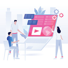 Team video conference laptop global city