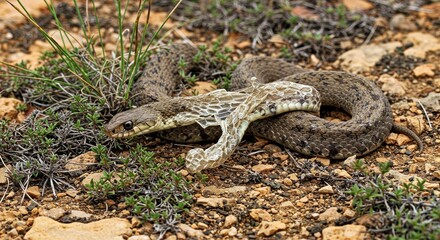 Fototapeta premium Ladder Snake (Zamenis Scalaris) Shedding Its Skin Amongst the Rocky Garrigue Vegetation.