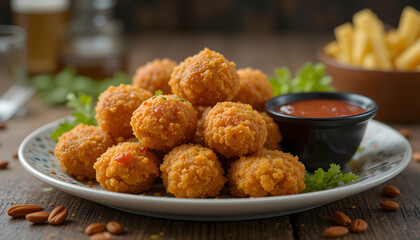 Golden Fried Food Balls on Plate with Dip and Fries