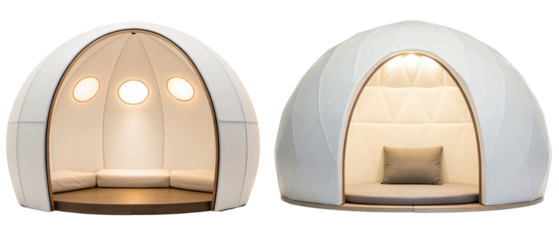 Modern white dome relaxation pods isolated with transparent background