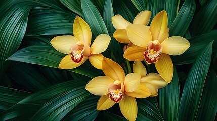Obraz premium Golden Orchids Blooming Amidst Lush Tropical Foliage AI Generated