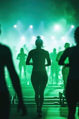 Silhouetted woman leading a fitness class in a dimly lit studio.