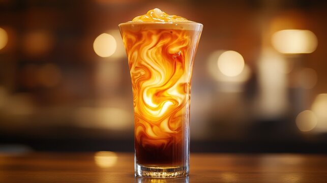 A tall, slender glass, filled with a vibrant coffee frappe, its surface smooth and reflecting the light. The base of the glass darkens towards the bottom, while swirls of caramel sauce cascade