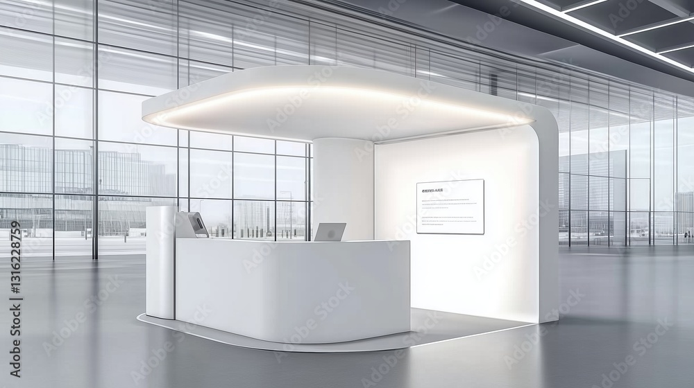 Poster minimalist white exhibition stand with led lighting in a modern building interior. clean and elegant