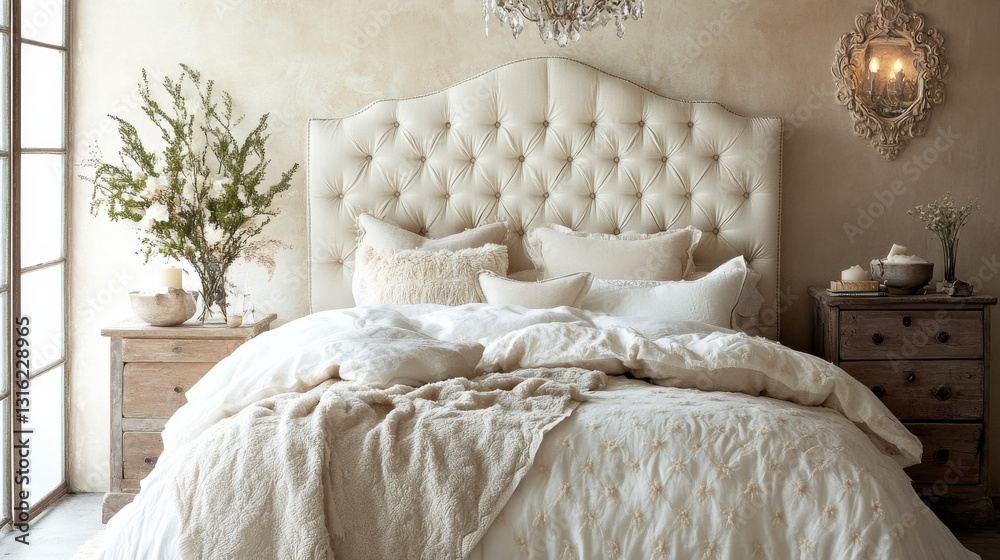 Poster elegant bedroom featuring a plush tufted headboard and soft bedding, creating a serene atmosphere pe