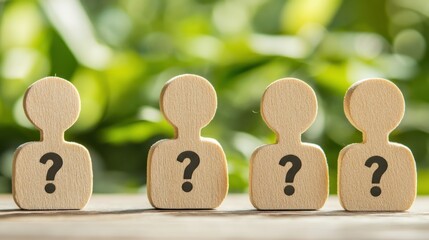 Wooden Figures with Question Marks Against a Blurred Green Background