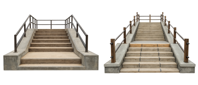 Two stone staircases with railings isolated with transparent background