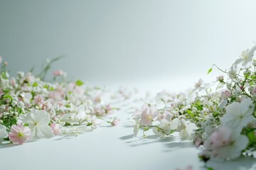Delicate pink and white flowers scattered on a light blue background, creating a soft and romantic scene.