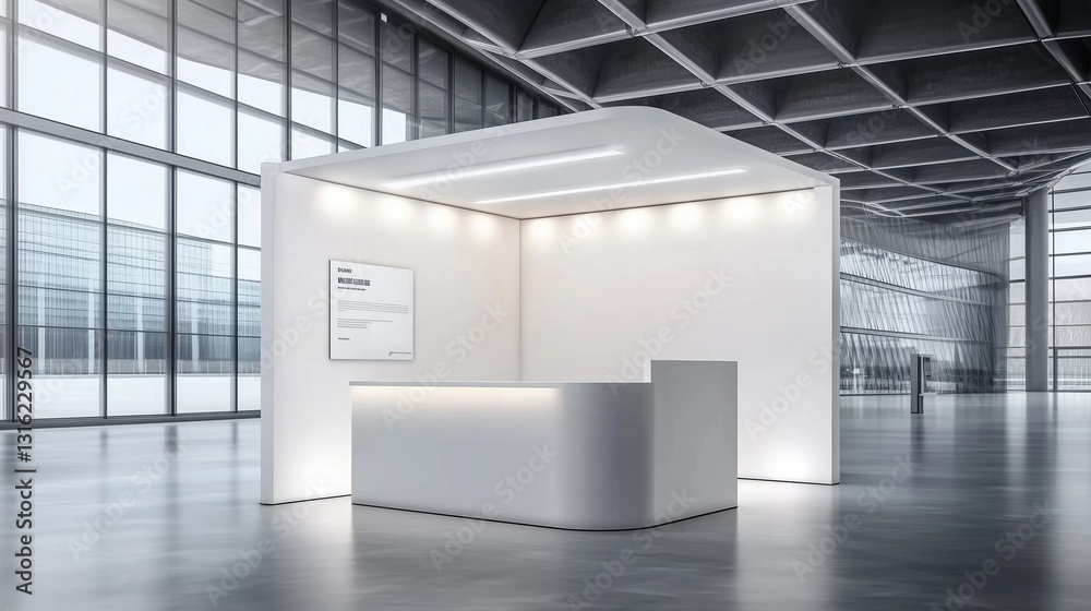 Poster minimalist white exhibition stand with led lighting in a modern building interior. clean and elegant