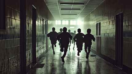 pupils running through school corridor. High quality photo