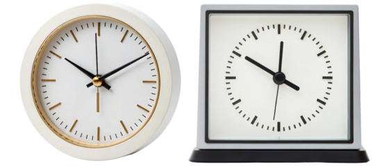 Round and square analog clocks isolated with transparent background