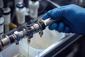 Fototapeta premium Close-up of gloved hand adjusting industrial pipe with fluid flowing.
