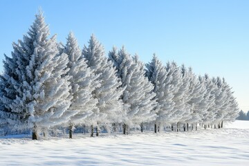 Fototapeta premium A row of frozen pine trees forming a natural barrier against winter winds.