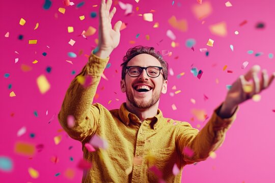 Happy man celebrating with confetti falling around him against a pink background.