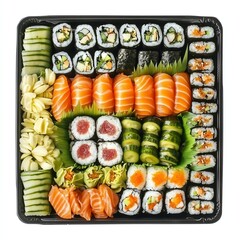 Colorful sushi platter with variety of rolls and garnishments on black tray.