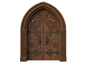 Isolated Ornate Carved Wooden Door with Celtic Motifs