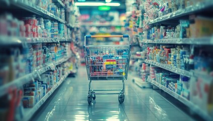 Empty shopping cart in supermarket aisle. (2)
